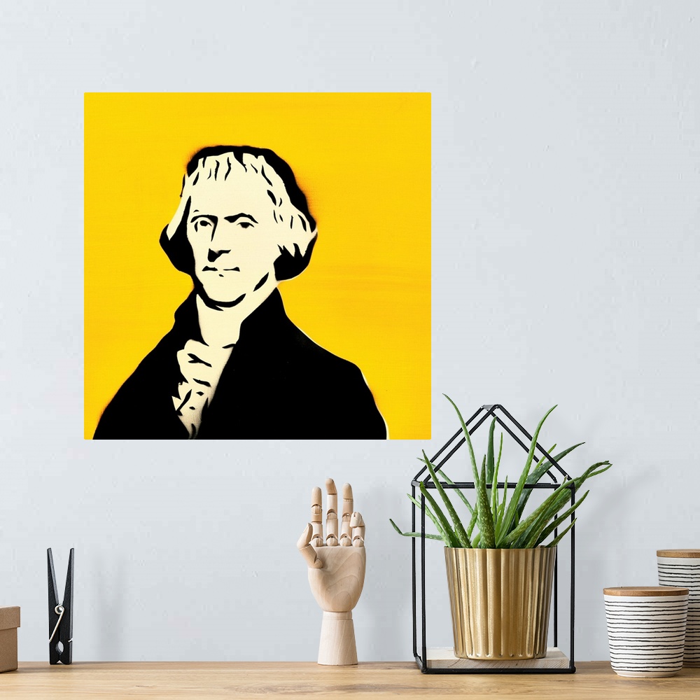 A bohemian room featuring Square spray art of Thomas Jefferson on a bright yellow background.