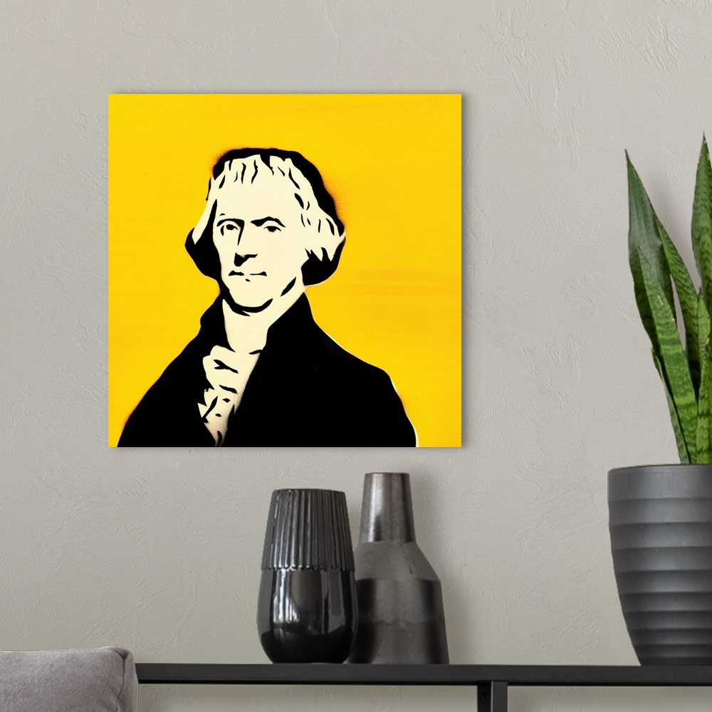 A modern room featuring Square spray art of Thomas Jefferson on a bright yellow background.