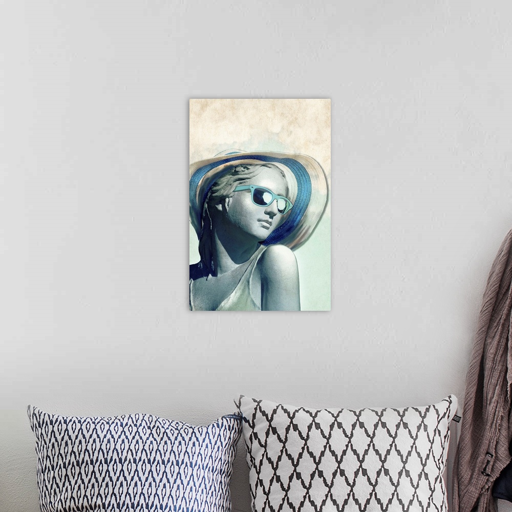 A bohemian room featuring Illustration of a statue wearing a large sun hat and blue sunglasses.