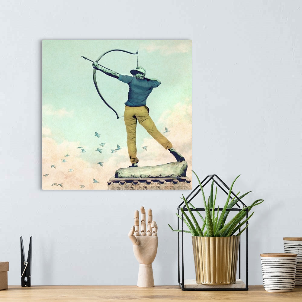 A bohemian room featuring Humorous illustration of a statue shooting a bow and arrow dressed up in clothes.
