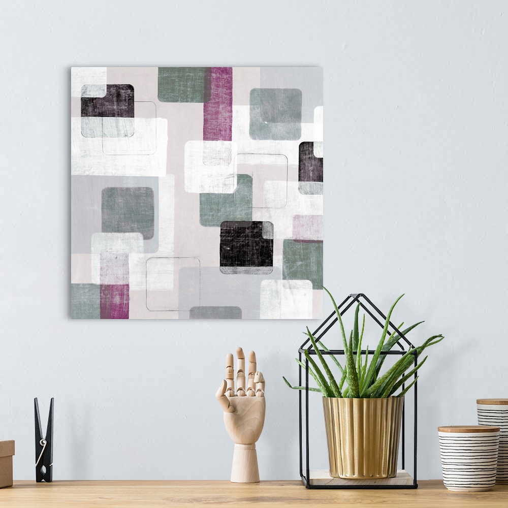 A bohemian room featuring Contemporary abstract painting using soft cornered geometric shapes floating in space against a n...