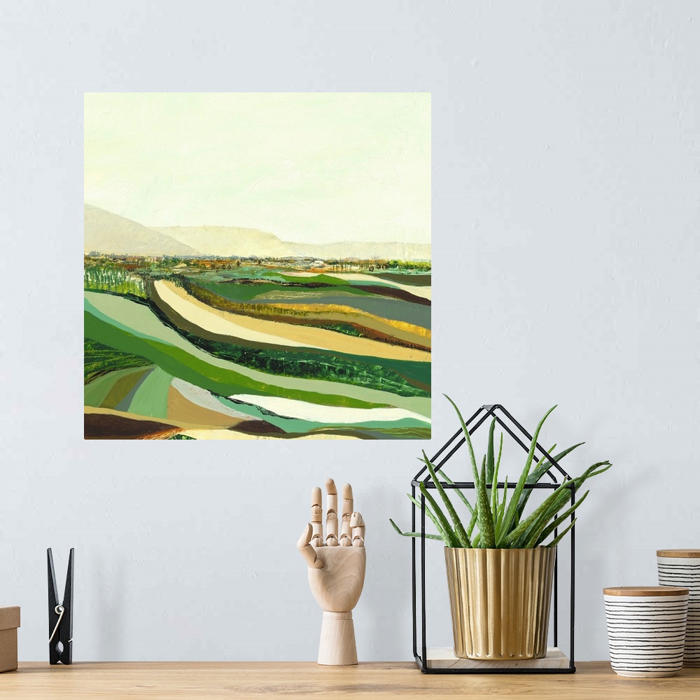 A bohemian room featuring Contemporary abstract painting resembling a green landscape.