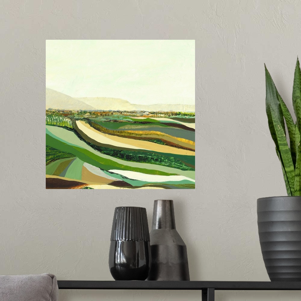 A modern room featuring Contemporary abstract painting resembling a green landscape.