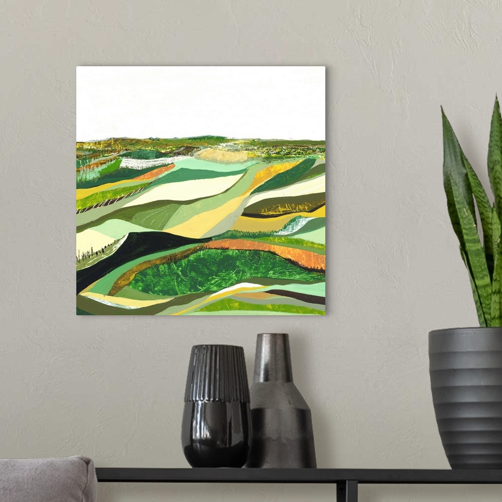 A modern room featuring Contemporary abstract painting resembling a green landscape.