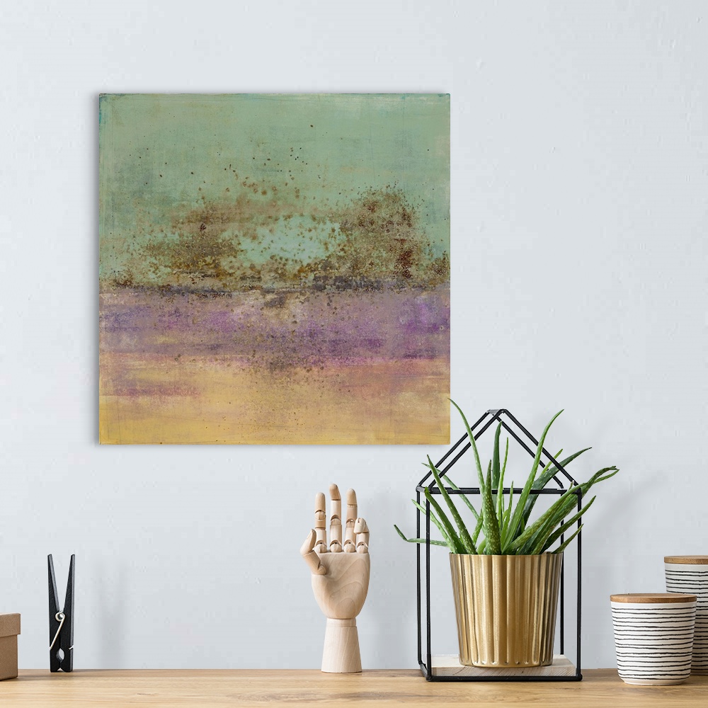 A bohemian room featuring Square abstract painting with brown paint splatter in the center, a sea-foam green top, and a pur...