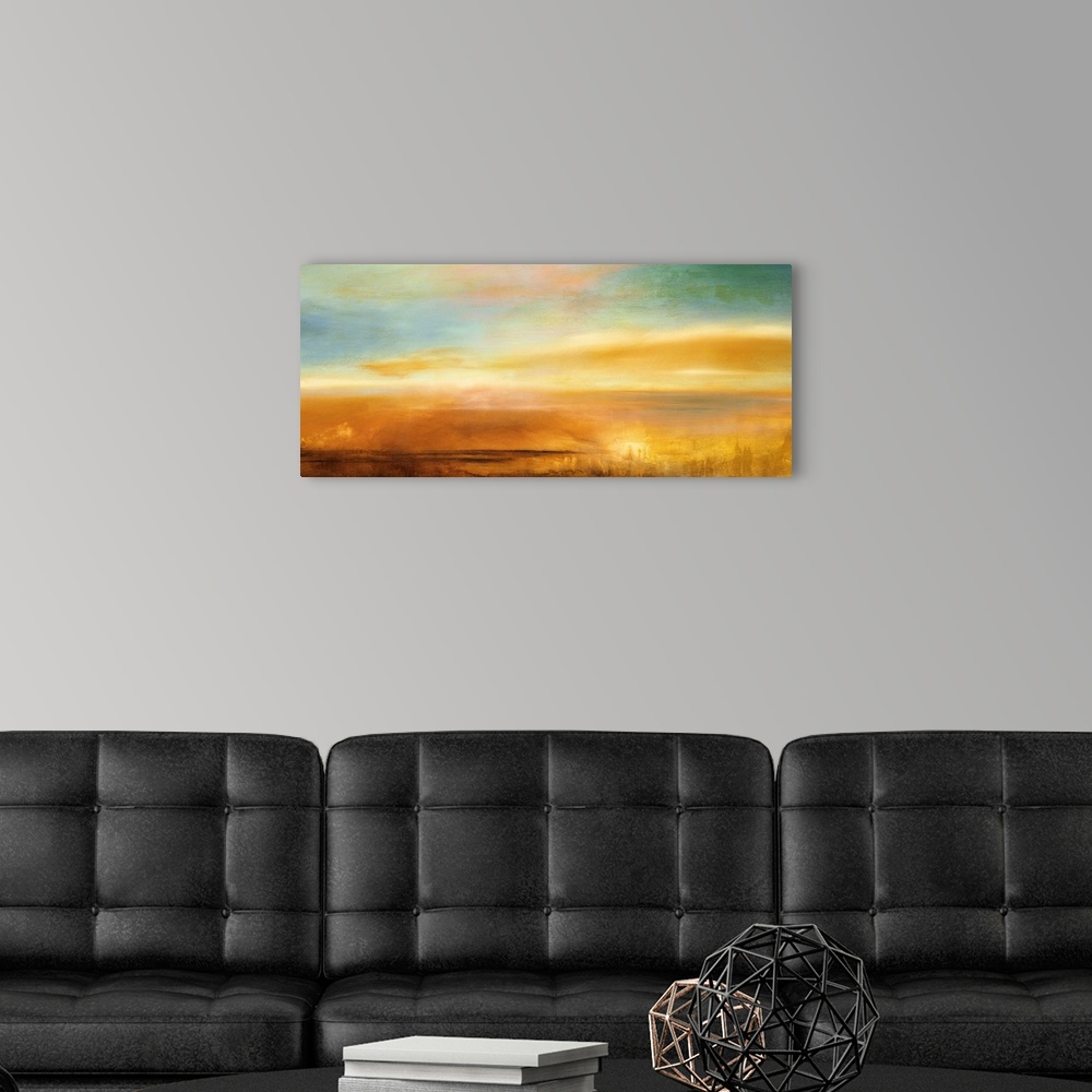 A modern room featuring This contemporary piece consists of warmer tones throughout the piece and a blue, cooler sky above.