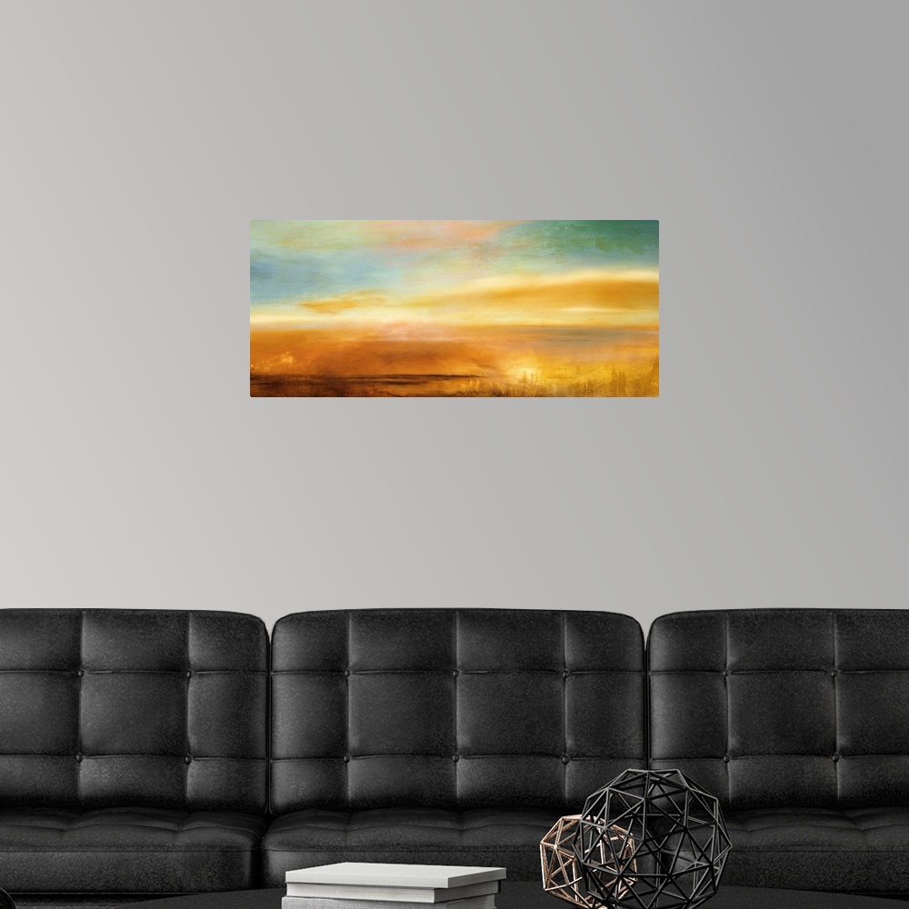 A modern room featuring This contemporary piece consists of warmer tones throughout the piece and a blue, cooler sky above.