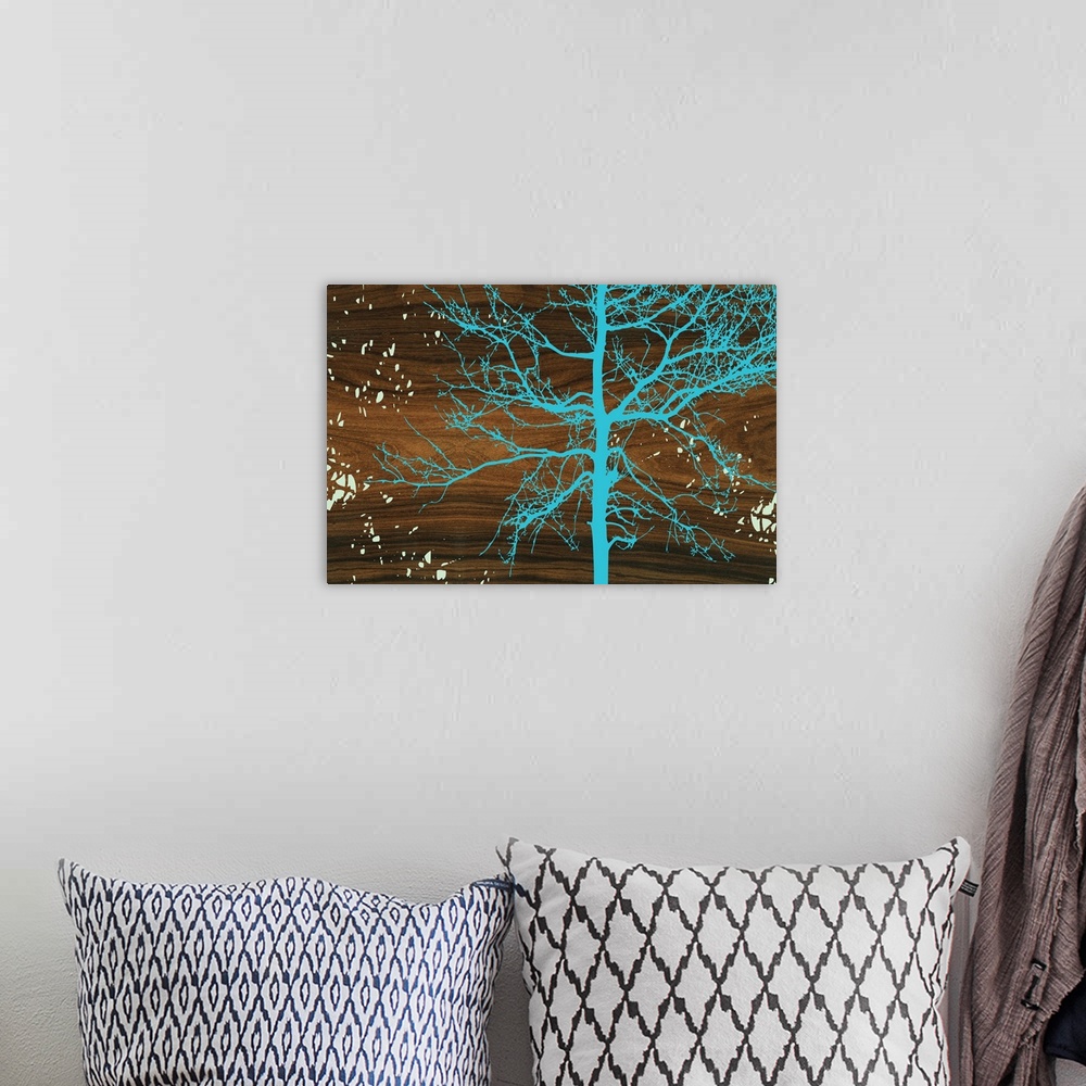 A bohemian room featuring Decorative turquoise silhouette of a tree against natural wood grain texture, resembling a wavy b...