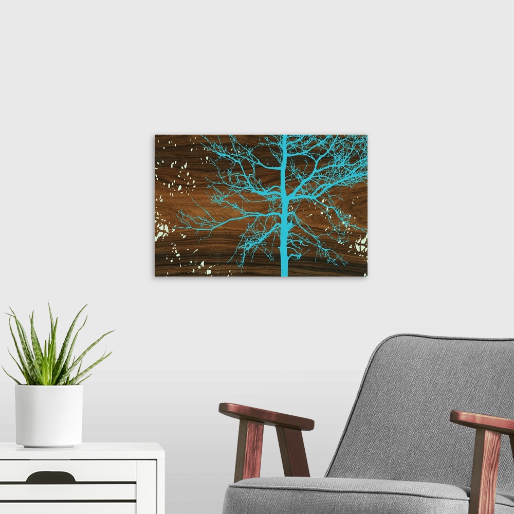 A modern room featuring Decorative turquoise silhouette of a tree against natural wood grain texture, resembling a wavy b...