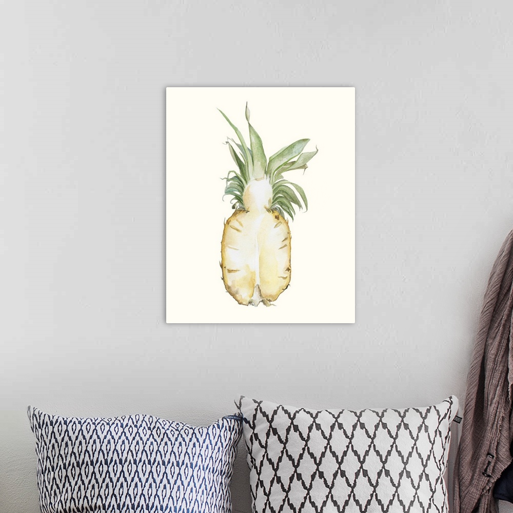 A bohemian room featuring Contemporary watercolor painting of a pineapple split in half on an off white background.
