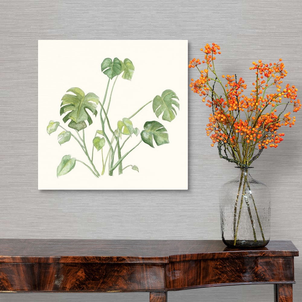 A traditional room featuring Square watercolor painting of tropical leaves on an off white background.