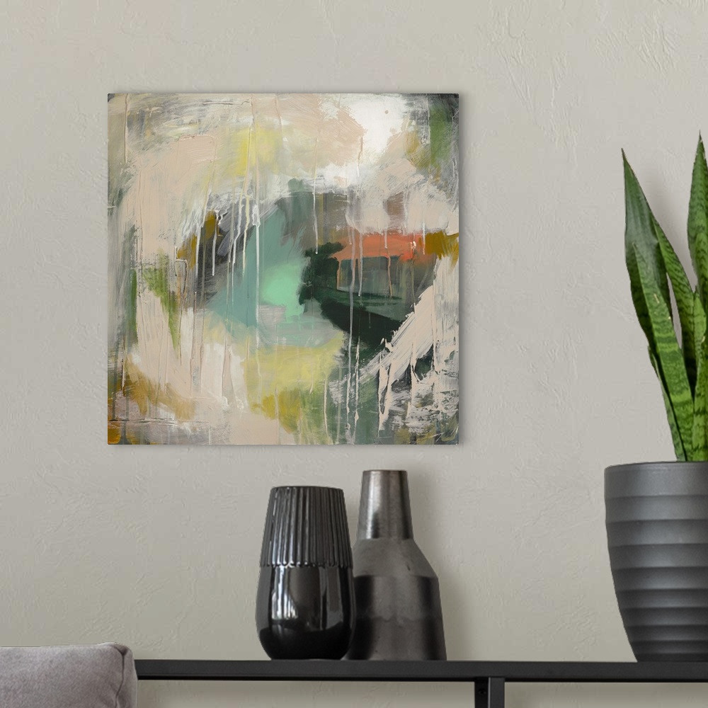 A modern room featuring Square abstract painting with neural toned brushstrokes creating a drippy circle that resembles a...