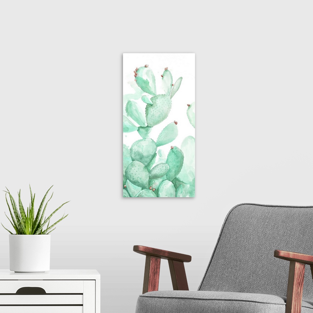 A modern room featuring A contemporary watercolor painting of a vibrant green cactus against a white background.