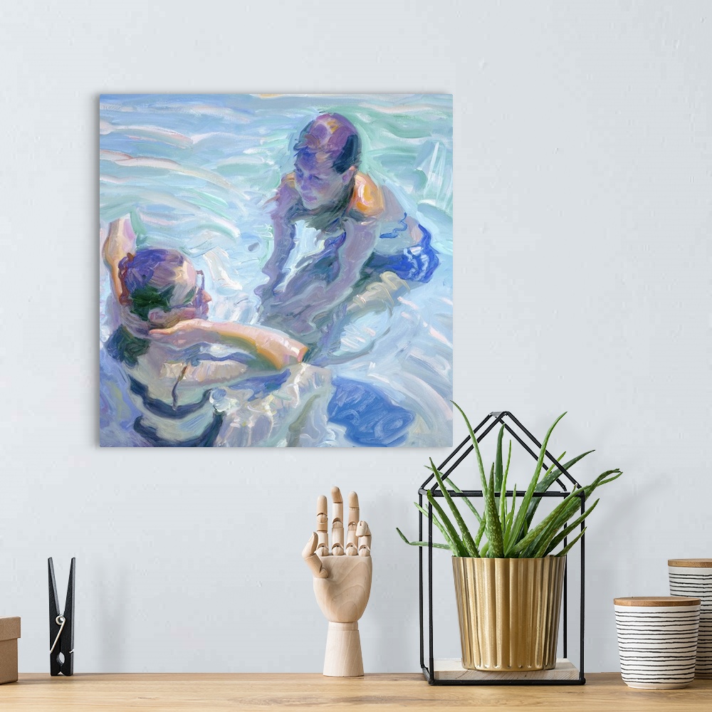 A bohemian room featuring Painting of two young women floating in a pool.