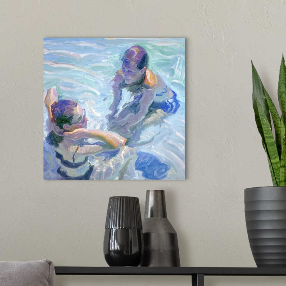 A modern room featuring Painting of two young women floating in a pool.