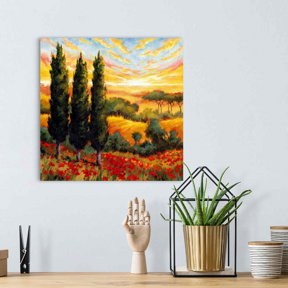 A bohemian room featuring Contemporary painting of Italian countryside with pencil pines and rolling hills under a bright c...
