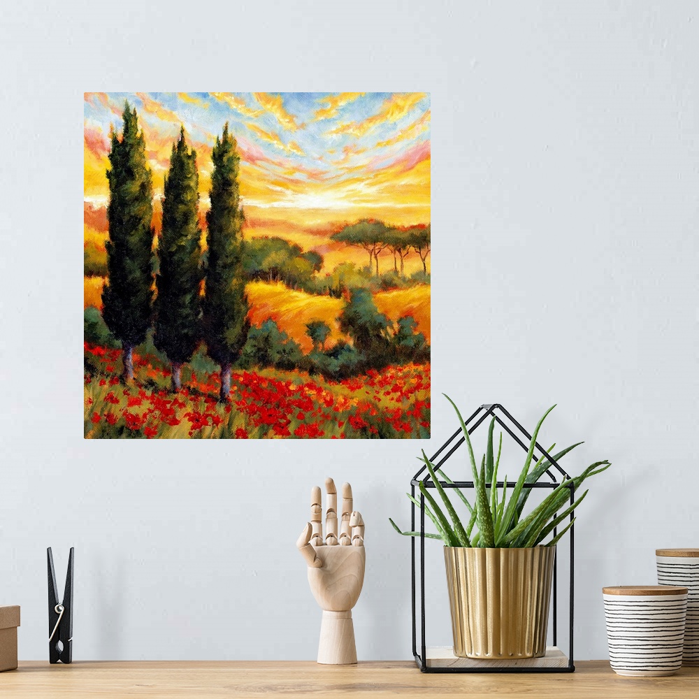 A bohemian room featuring Contemporary painting of Italian countryside with pencil pines and rolling hills under a bright c...