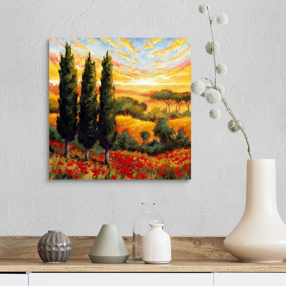A farmhouse room featuring Contemporary painting of Italian countryside with pencil pines and rolling hills under a bright c...