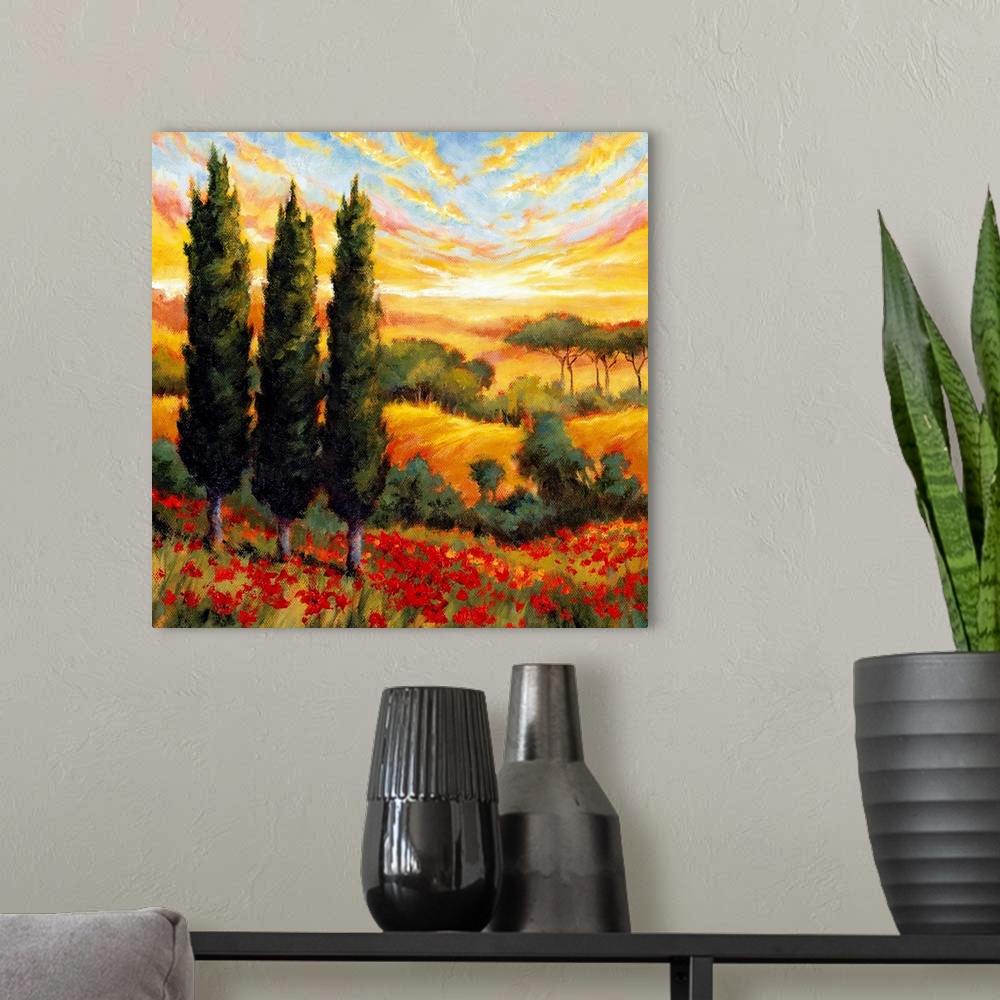 A modern room featuring Contemporary painting of Italian countryside with pencil pines and rolling hills under a bright c...