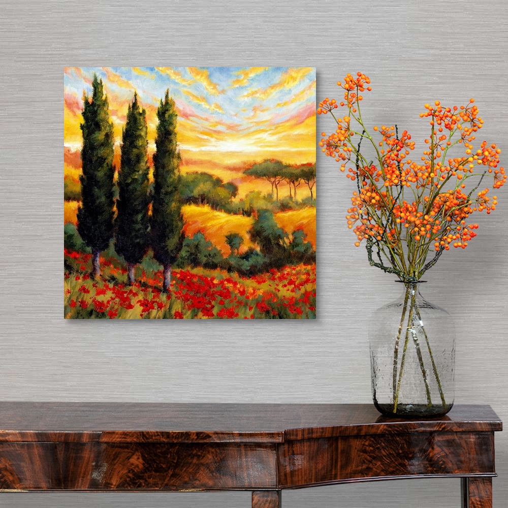 A traditional room featuring Contemporary painting of Italian countryside with pencil pines and rolling hills under a bright c...