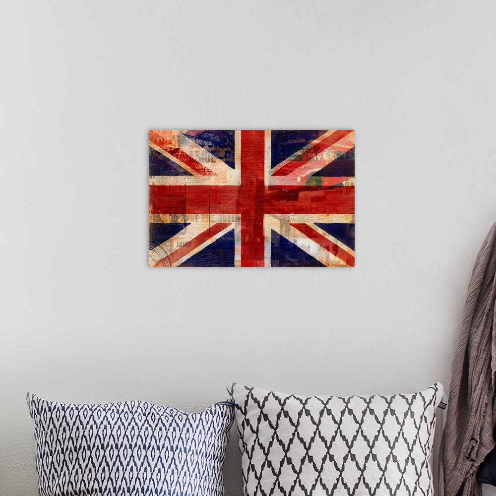 A bohemian room featuring Photo print on canvas of a retro flag overlaid with images.