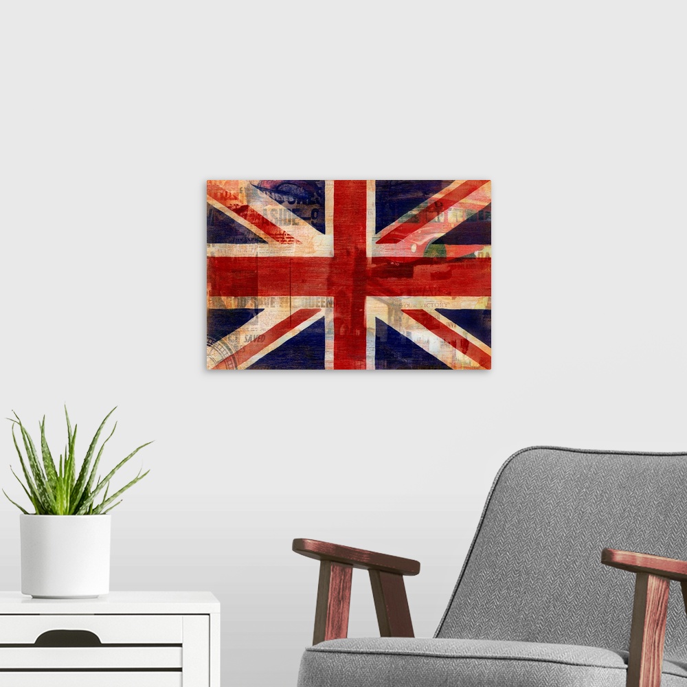 A modern room featuring Photo print on canvas of a retro flag overlaid with images.