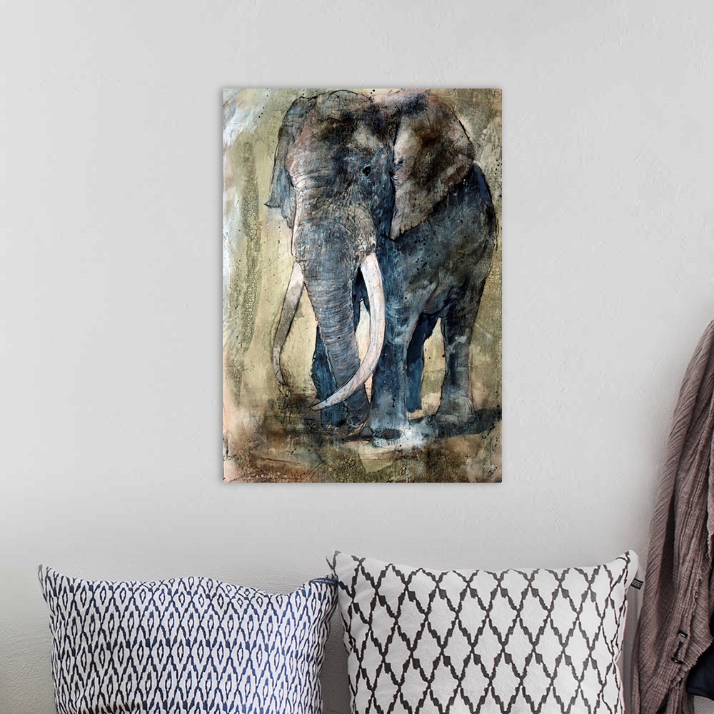 A bohemian room featuring Portrait artwork on a big wall hanging of an adult elephant with large tusks, walking on a flat l...