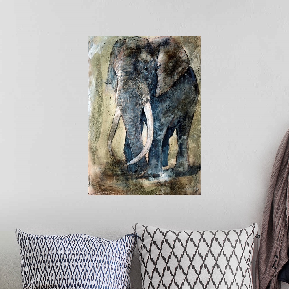 A bohemian room featuring Portrait artwork on a big wall hanging of an adult elephant with large tusks, walking on a flat l...