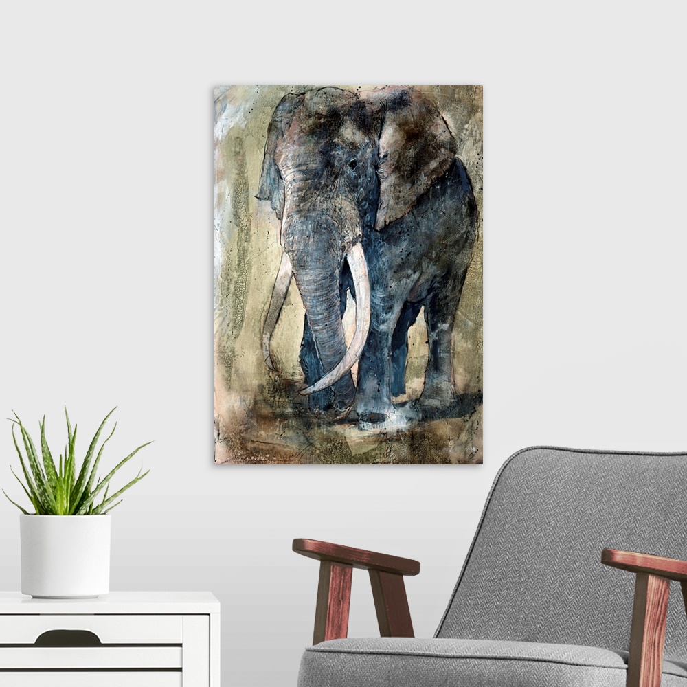 A modern room featuring Portrait artwork on a big wall hanging of an adult elephant with large tusks, walking on a flat l...
