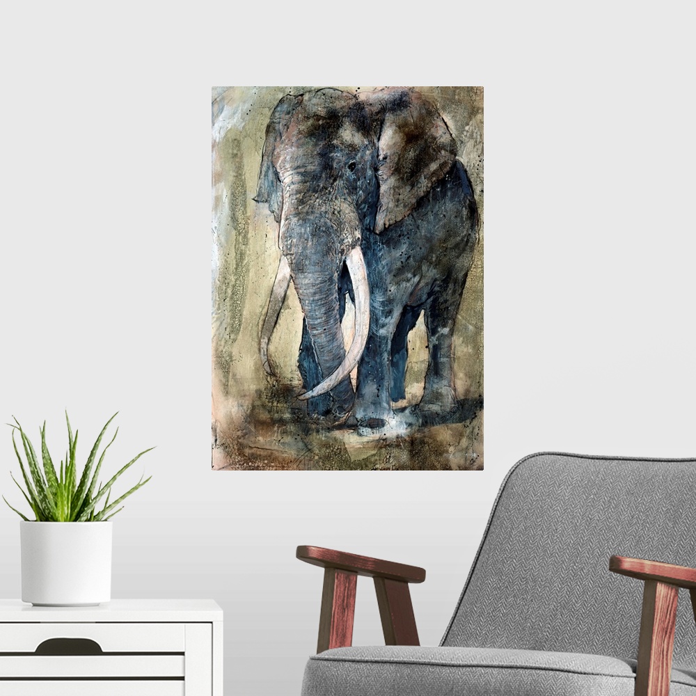 A modern room featuring Portrait artwork on a big wall hanging of an adult elephant with large tusks, walking on a flat l...