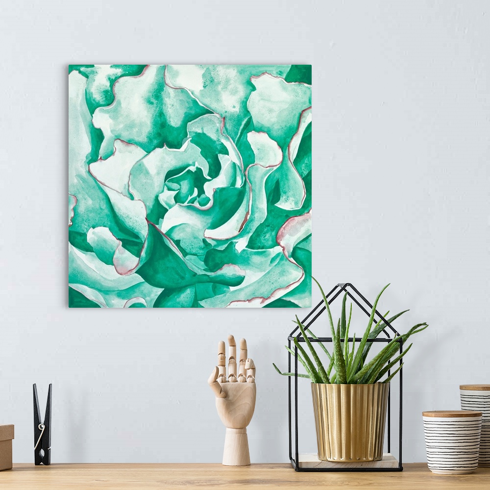A bohemian room featuring Watercolor painting of a close up succulent in turquoise.