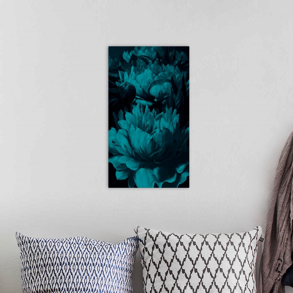 A bohemian room featuring Contemporary painting of blue flowers on a black background.