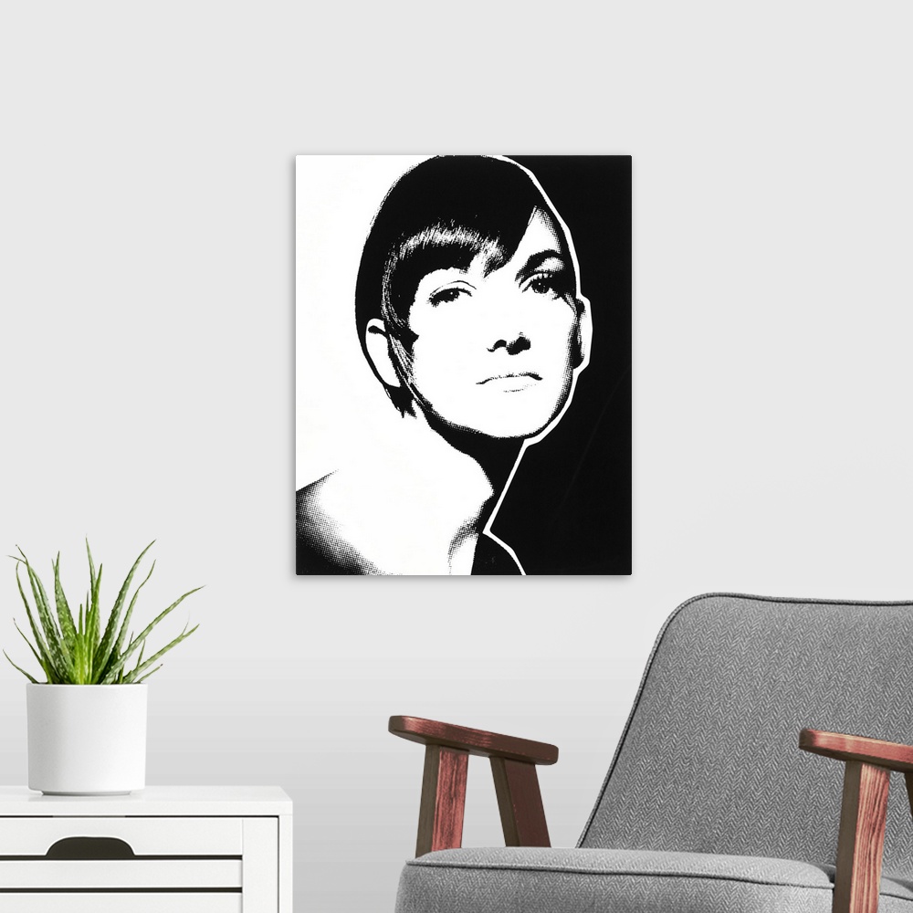 A modern room featuring Black and white illustration of a woman with short hair.
