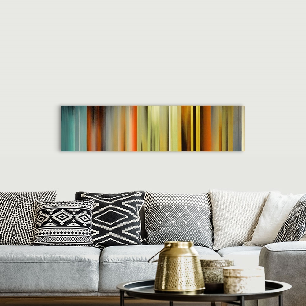 A bohemian room featuring Panoramic abstract art incorporates vertical rectangles of varying widths with a wide range of di...