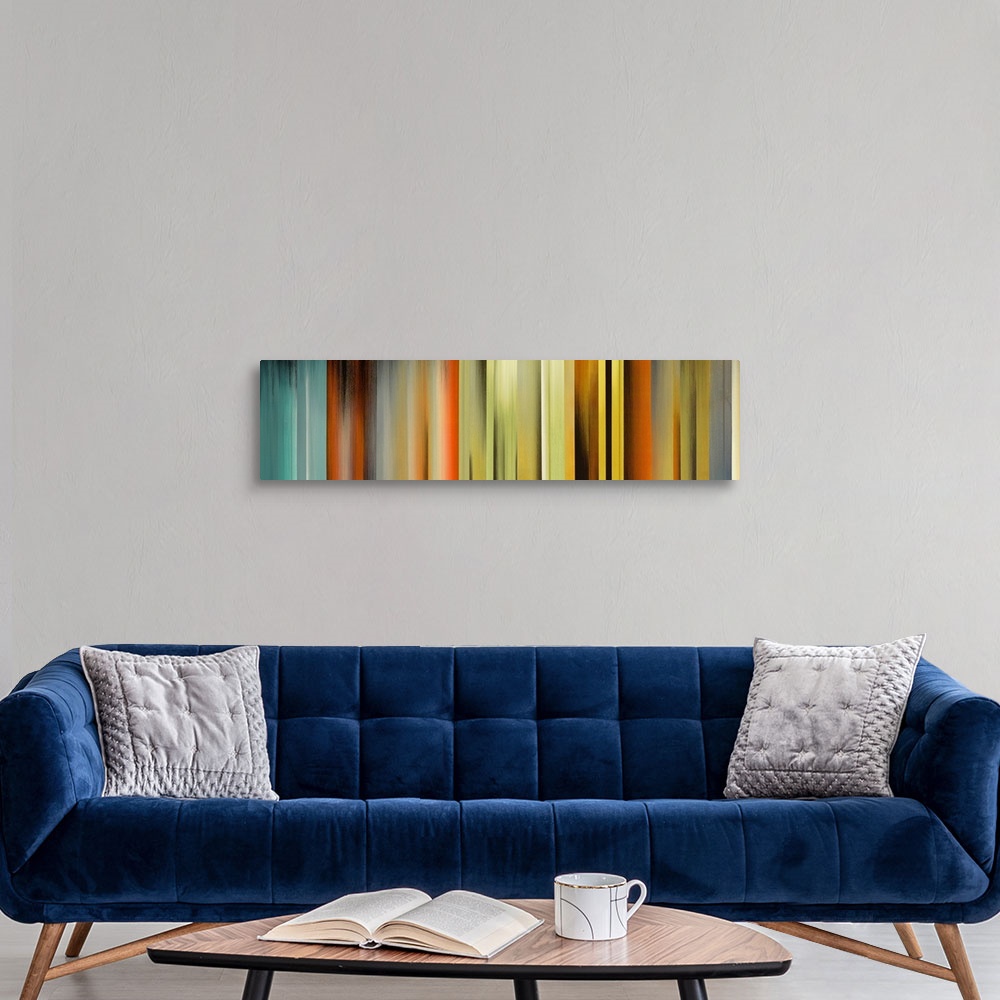 A modern room featuring Panoramic abstract art incorporates vertical rectangles of varying widths with a wide range of di...