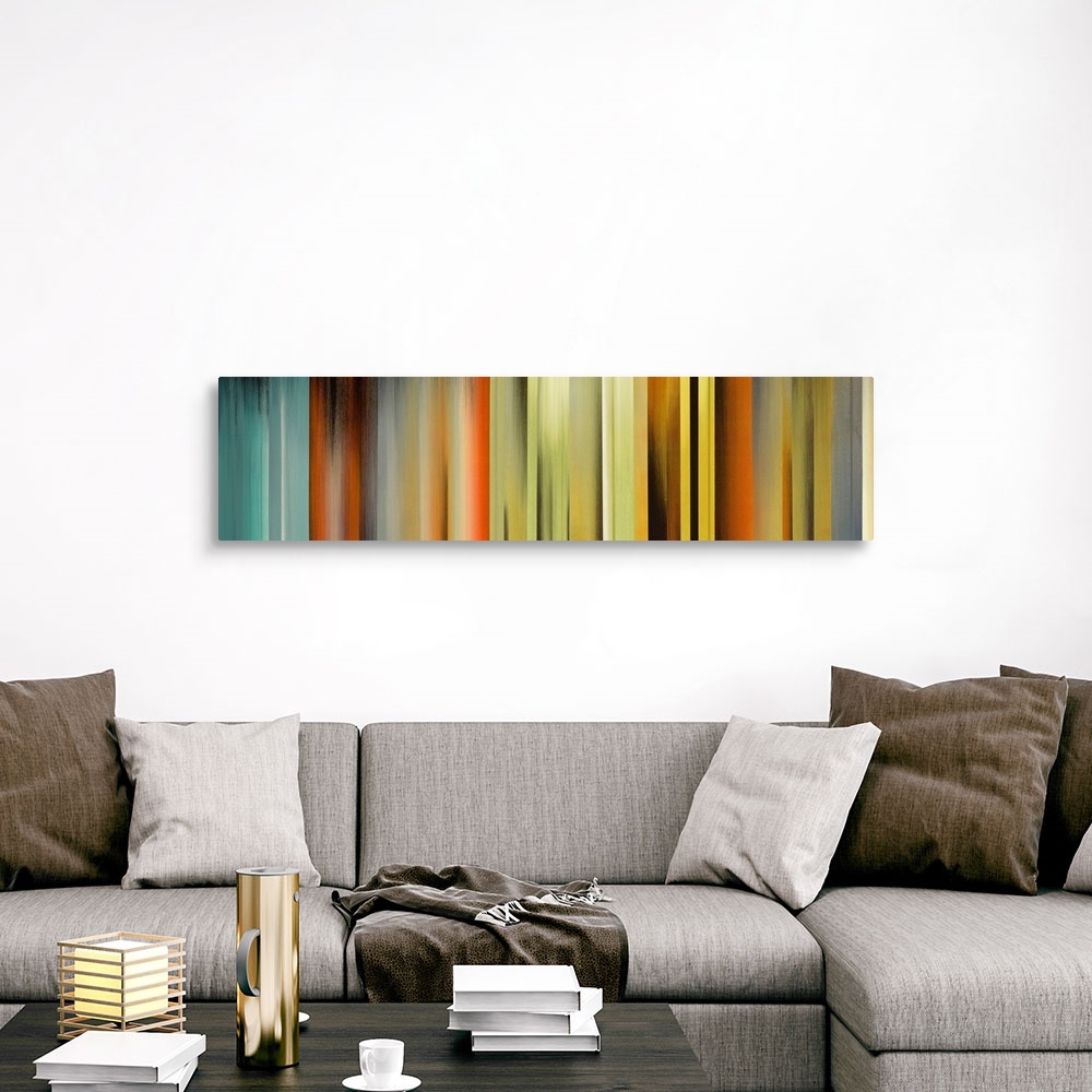 A traditional room featuring Panoramic abstract art incorporates vertical rectangles of varying widths with a wide range of di...