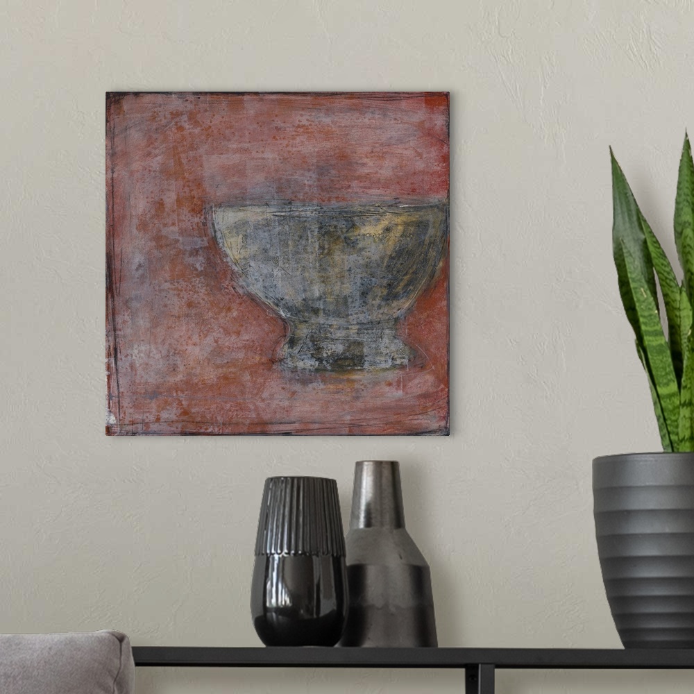 A modern room featuring Still life painting of a bowl on red background with an aged texture overlay.