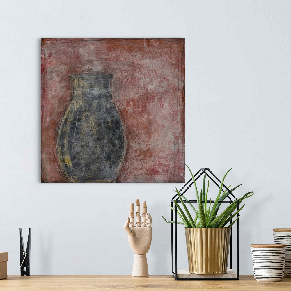 A bohemian room featuring Still life painting of a vase on a red background with an aged texture overlay.