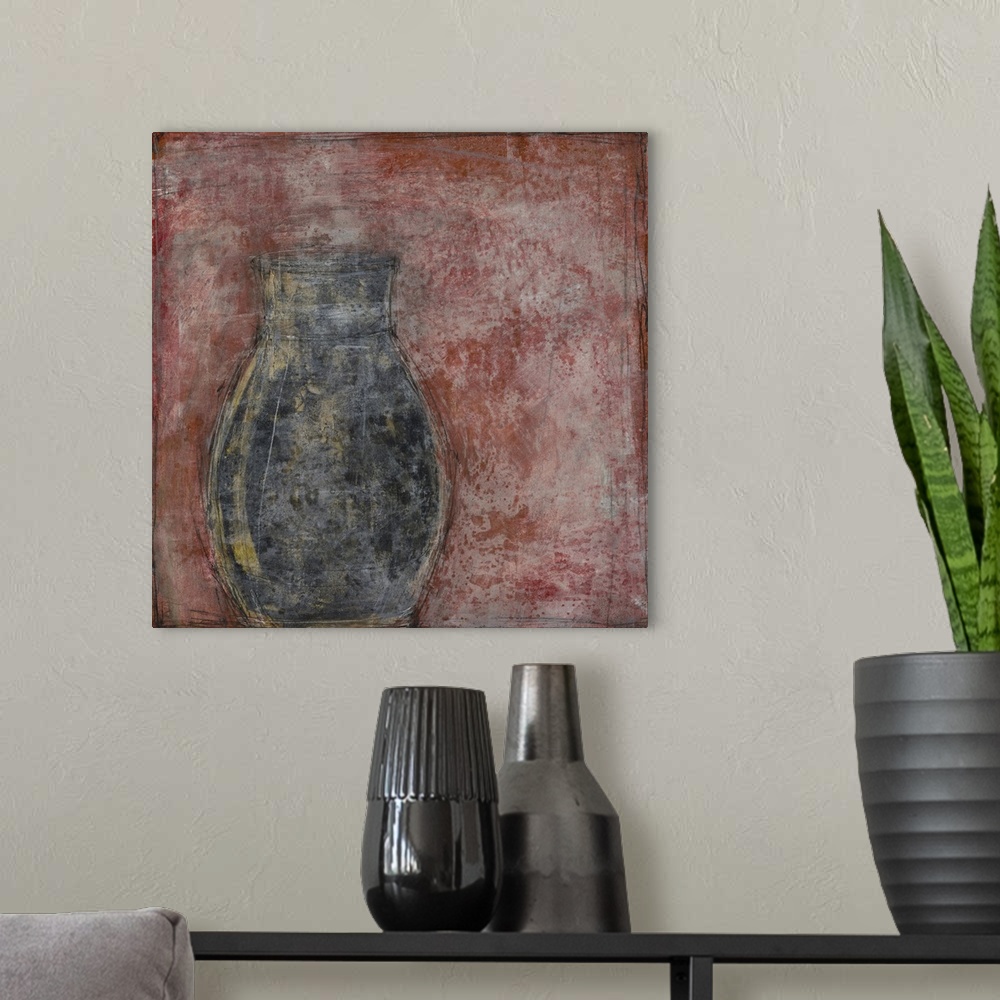 A modern room featuring Still life painting of a vase on a red background with an aged texture overlay.