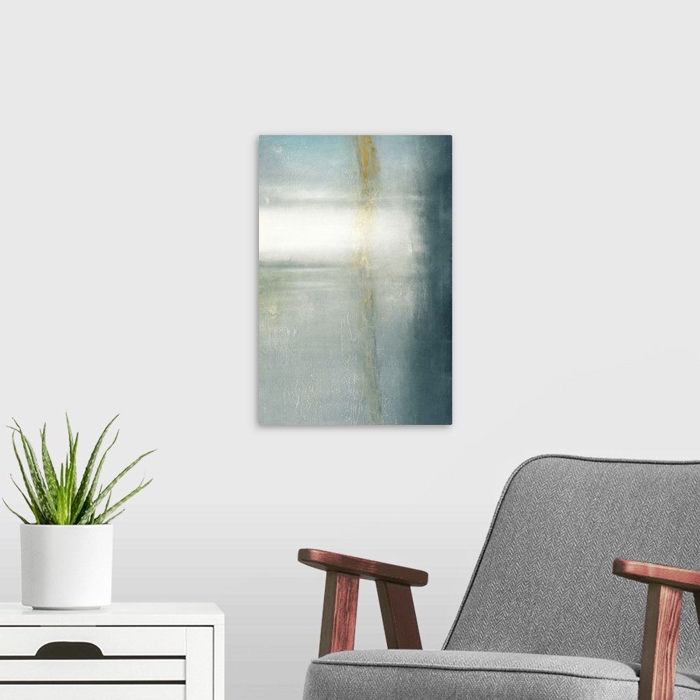 A modern room featuring Contemporary abstract painting in soft blue shades with touches of white and yellow.