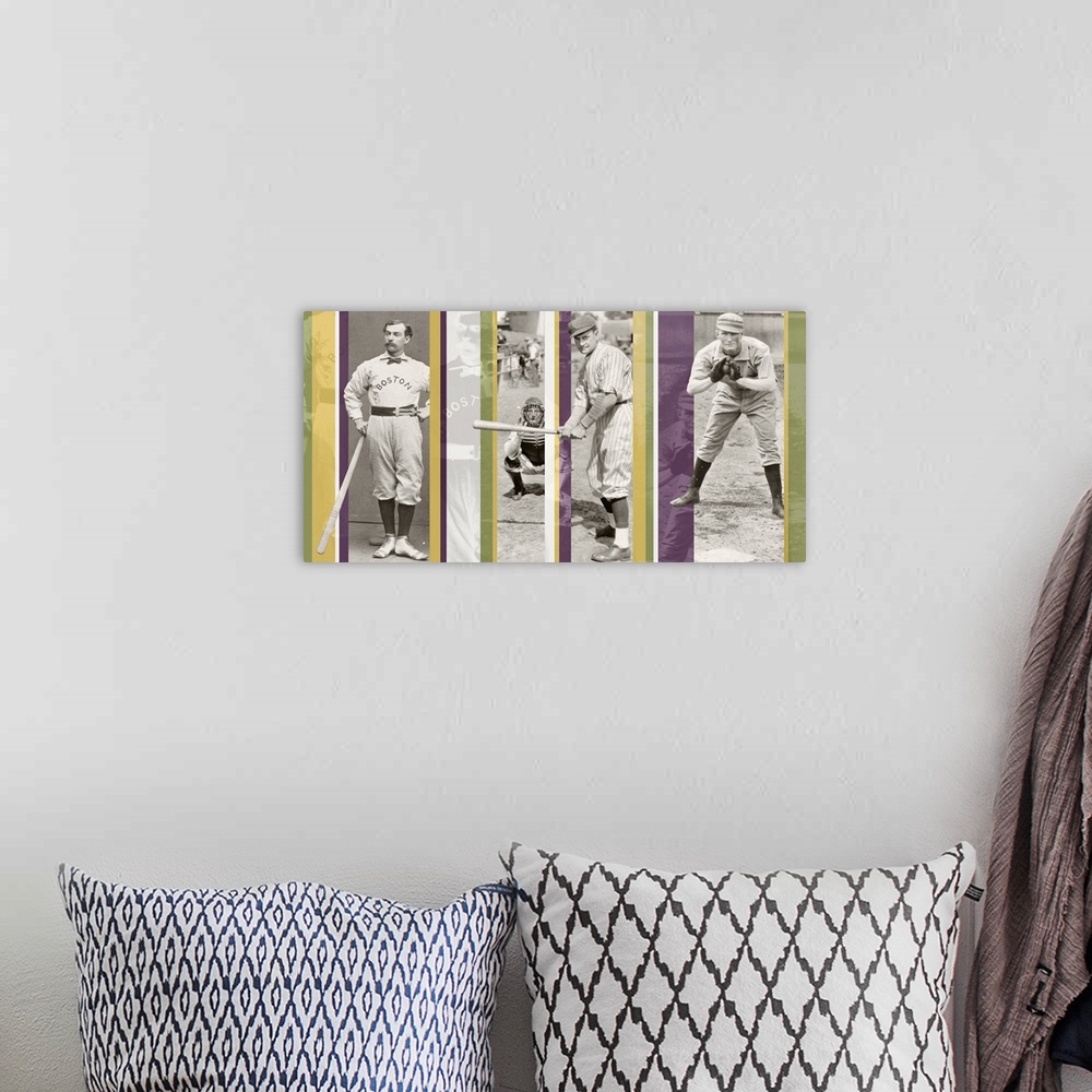 A bohemian room featuring A composite of vintage photos of baseball players with color stripes overlaying.