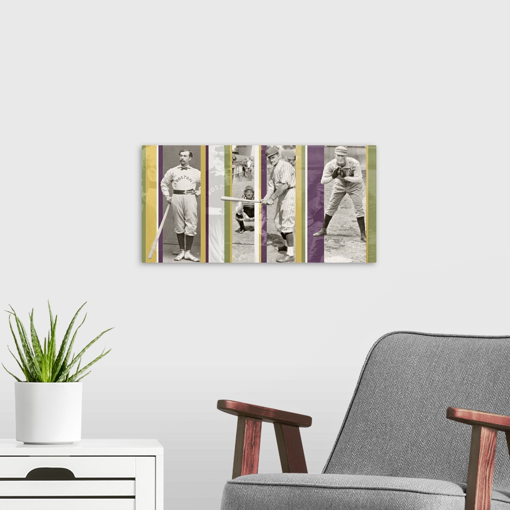 A modern room featuring A composite of vintage photos of baseball players with color stripes overlaying.