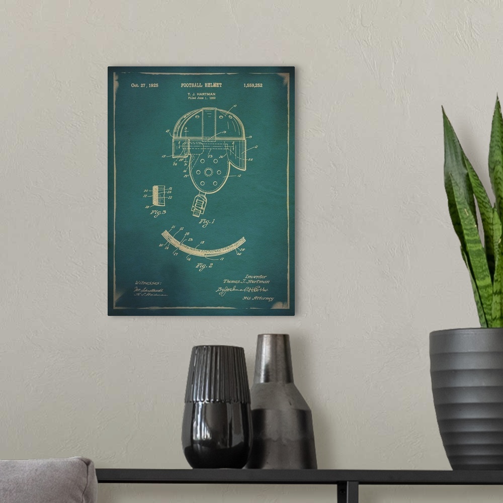 A modern room featuring Blueprint diagram depicting the parts of a vintage football helmet.