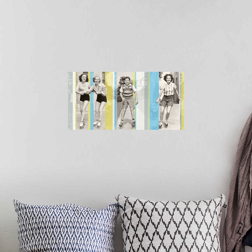 A bohemian room featuring A composite of vintage photos of people in roller skates with color stripes overlaying.