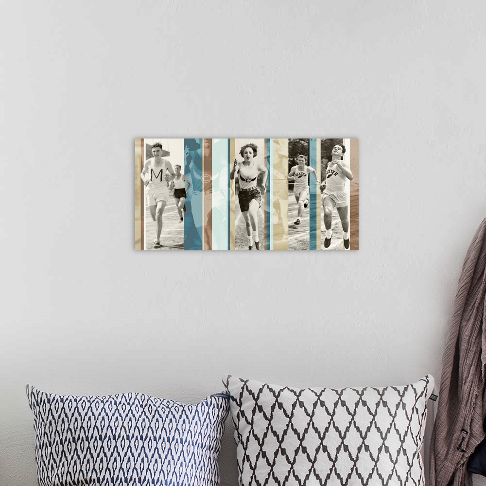 A bohemian room featuring A composite of vintage photos of runners in track and field, with color stripes overlaying.