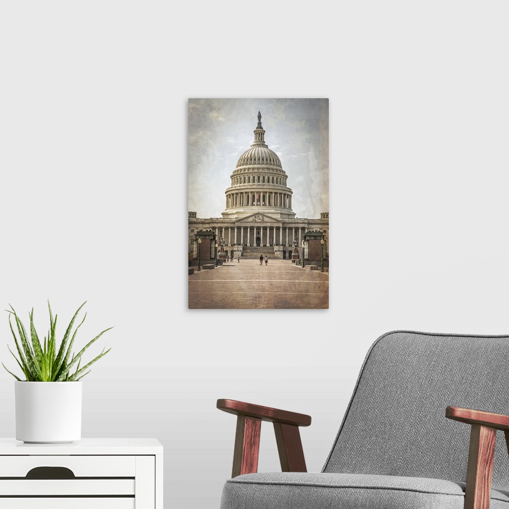 A modern room featuring A photograph of the capitol building in Washington DC.