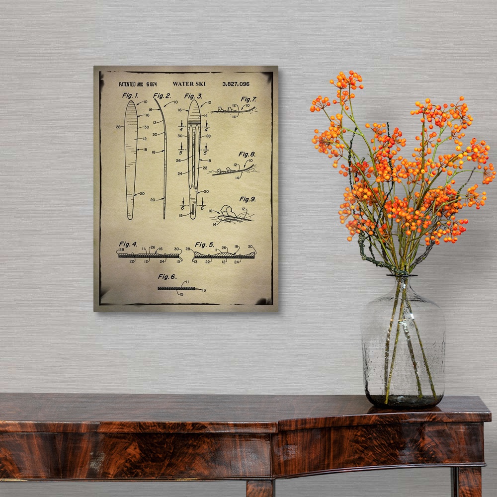 A traditional room featuring Blueprint diagram depicting the parts of a water ski.