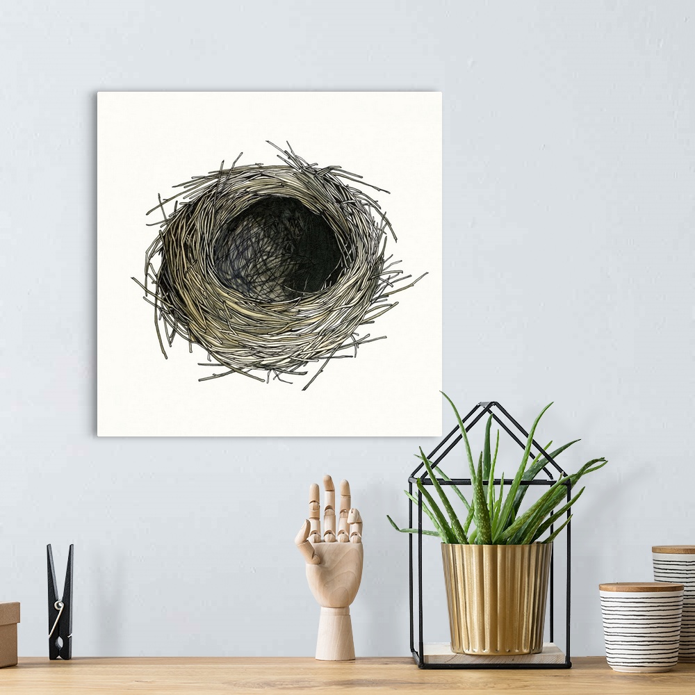 A bohemian room featuring Contemporary watercolor painting of a birds nest against a white background.