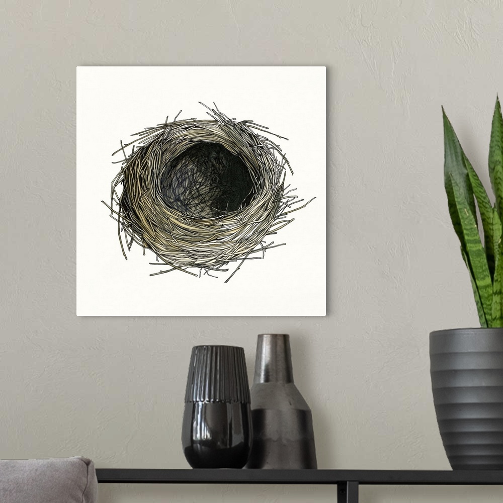 A modern room featuring Contemporary watercolor painting of a birds nest against a white background.