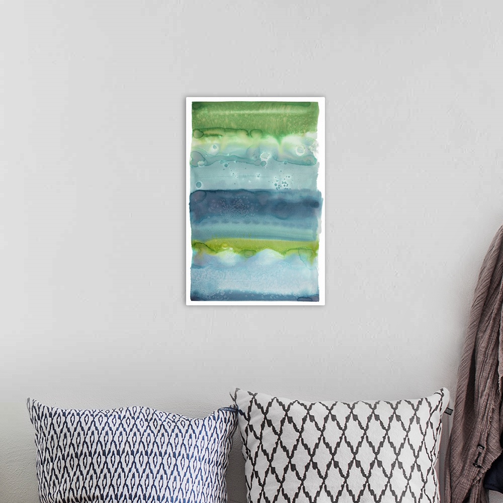 A bohemian room featuring Blue and green watercolor painting created in layered horizontal sections on a white background.
